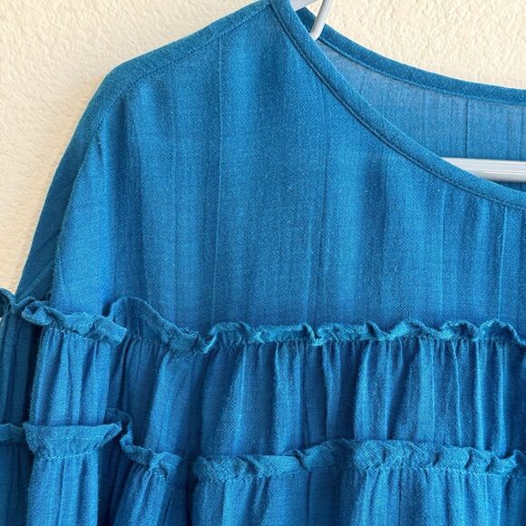 Gap Tiered Ruffle Blouse Size M Teal 3/4 Butterfly Sleeves Top - Picture 4 of 8